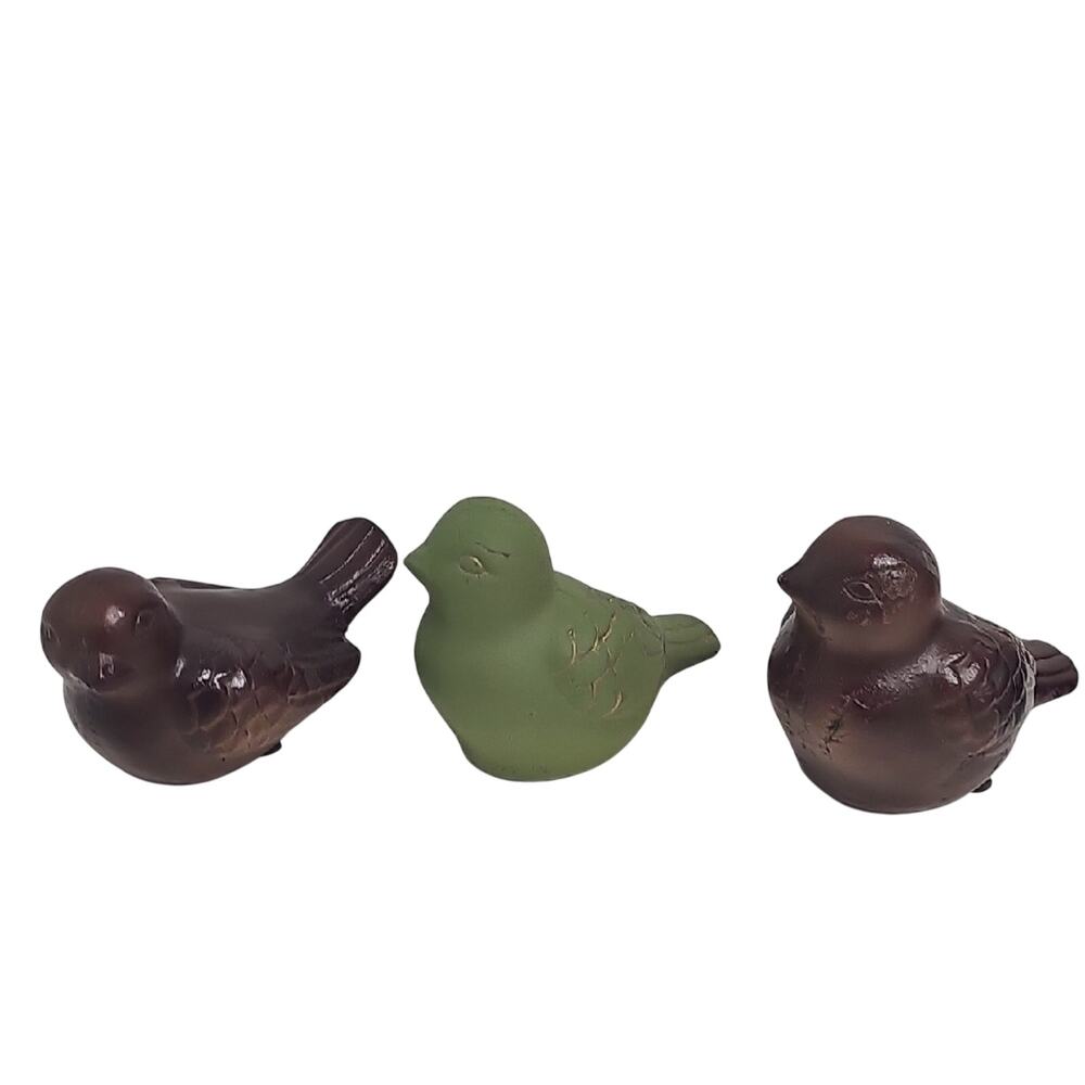 Trio of Decorative Green and Brown Clay Painted Bird Figurines Heavy - 1 Flawed